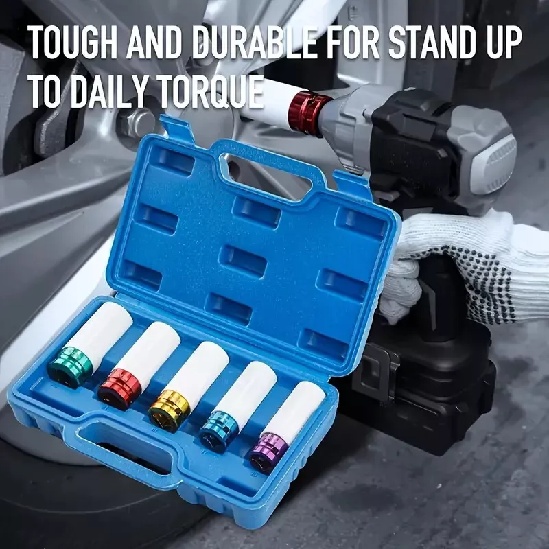 5Pcs Alloy Wheel Nut Thin Wall Deep Impact Socket Set 1/2" Drive 15-22mm w/Case YS122