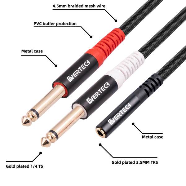 EVERTECH 3.5mm 1/4 inch Stereo TRS Female to 2 Dual 6.35mm Mono TS Male Y Splitter Cable 30CM
