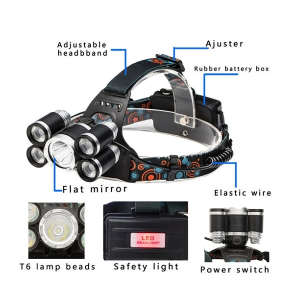 Silver 5 head Headlamp (RS37) High Power 5X Cree T6 LED Headlight Torch for Cycling