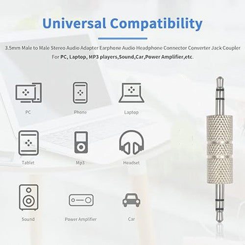 3.5mm Stereo AUX Male to Male Audio Adapter Metal Silver 3 Pole Headphone Couple (M64)