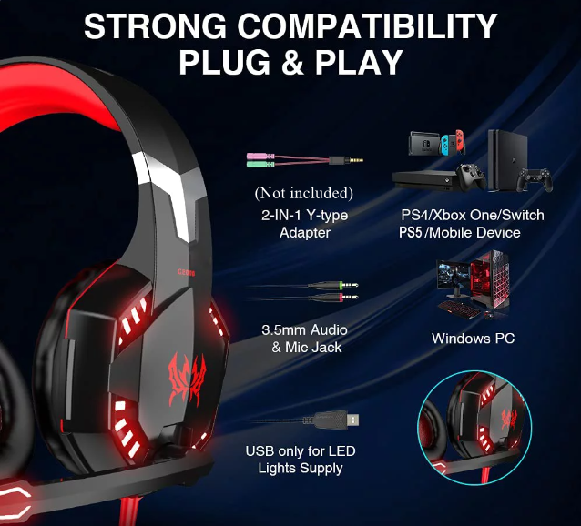 3.5mm Pro Gaming Headset MIC LED Headphones Surround Gadget PS14