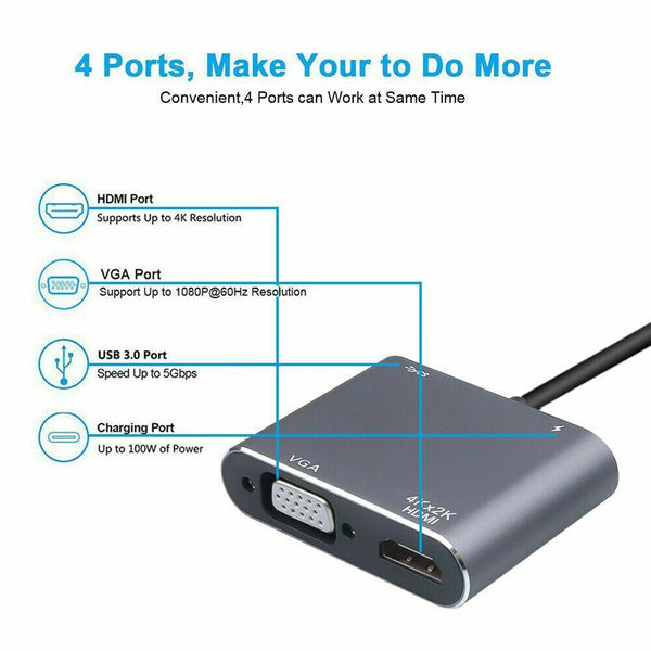 4 In 1 USB C Type-C To HDMI 4K VGA USB3.0 PD Video Adapter for MacBook/Phone (KS03)