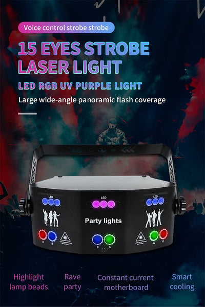 15 Eyes Laser Party Lights LED RGB UV DMX Strobe Stage Light