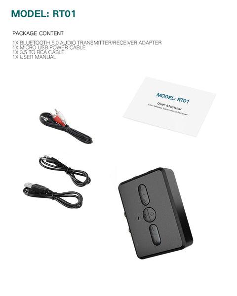 Bluetooth Wireless 2 in 1 Audio Transmitter Receiver 3.5mm RCA Music Adapter TR01