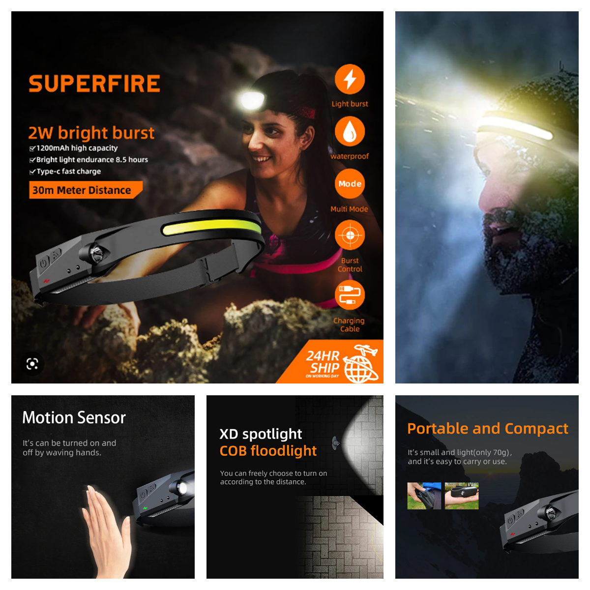 SUPERFIRE HL65 COB LED Headlamp W/ Sensor Built-in Rechargeable Battery Torch