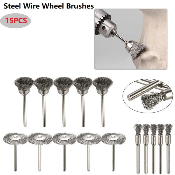 15Pcs Steel Wire Brush Set (FS16) Polishing Wheel Cup Rust Rotary Tools Set