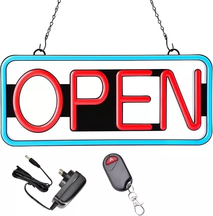 Ultra Bright LED Neon Open Sign Remote Controlled W/ 12V Adapter & Cha ...