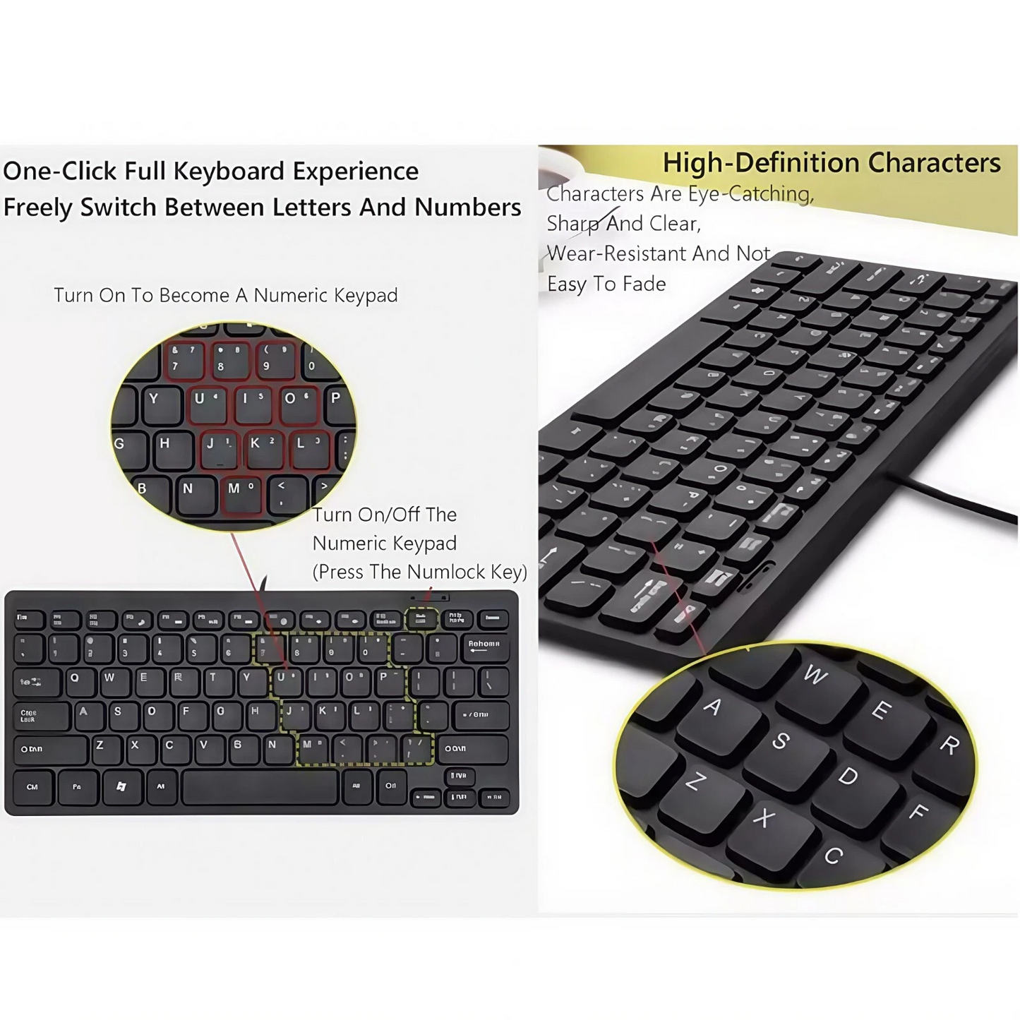 Super Slim Mini Wired Keyboard K1000 USB Multimedia Waterproof Keypad 78 Keys Black and white