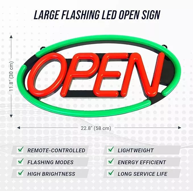 Ultra Bright LED Neon Open Sign Remote Controlled W/ 12V Adapter & Cha ...