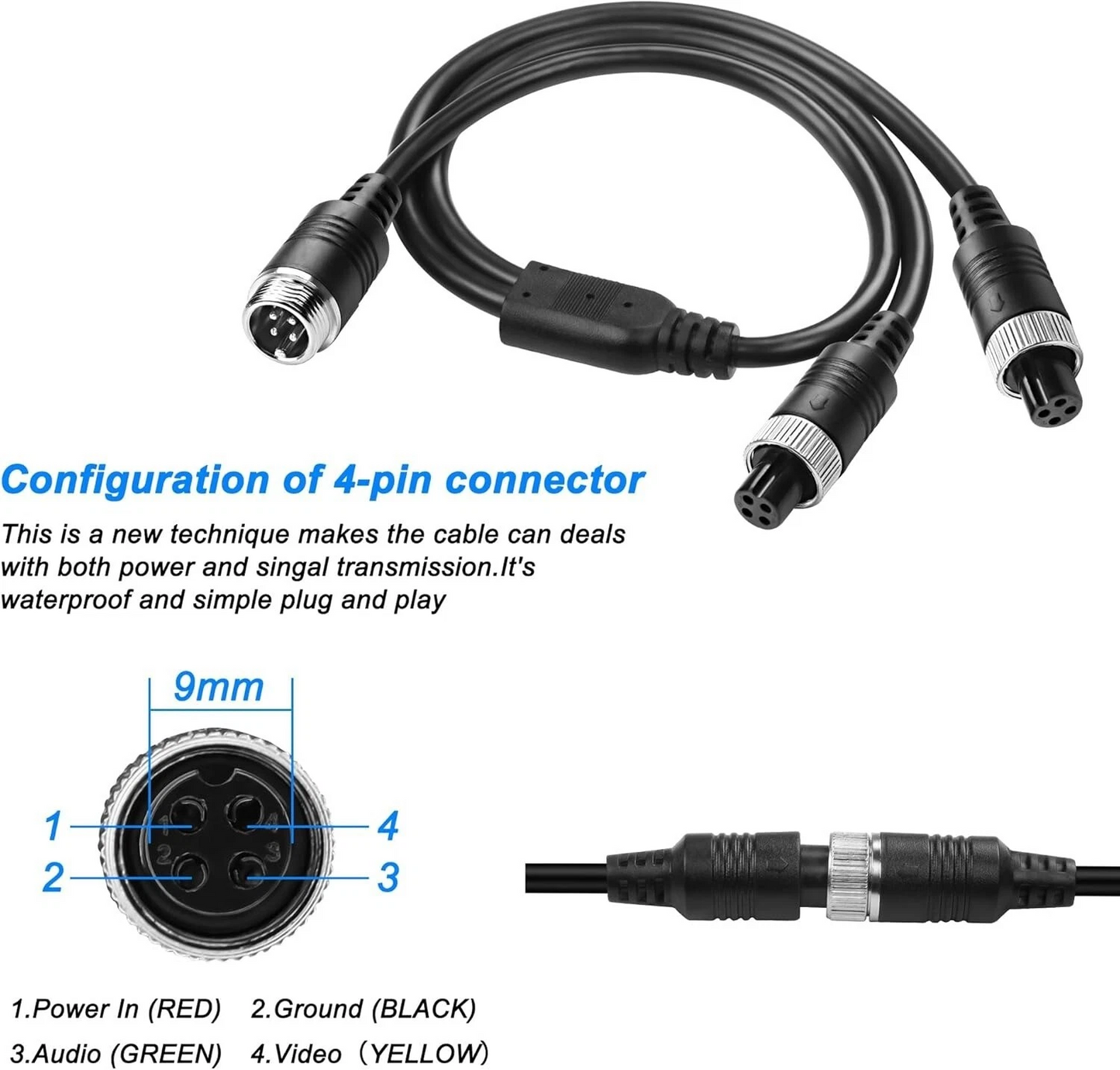 Video Splitter For Bus Truck Reversing Rear Camera 1 Male to 2 Female Y Splitter Cable  SS06