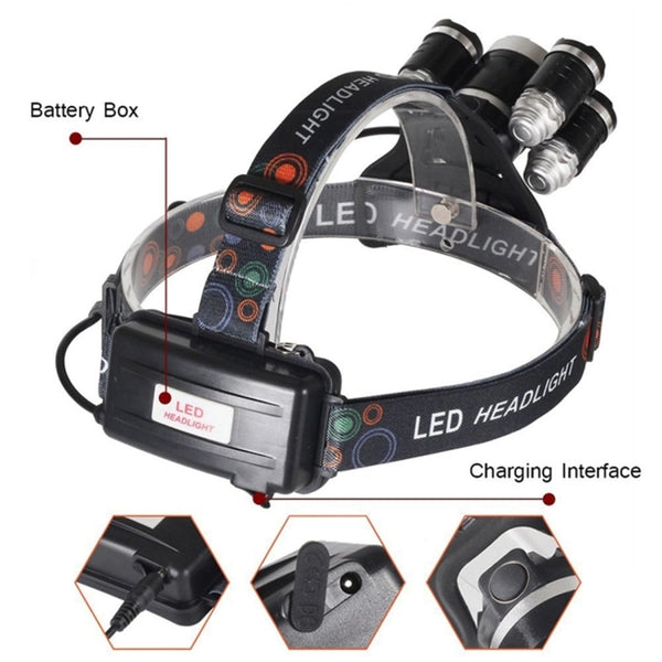 Silver 5 head Headlamp (RS37) High Power 5X Cree T6 LED Headlight Torch for Cycling