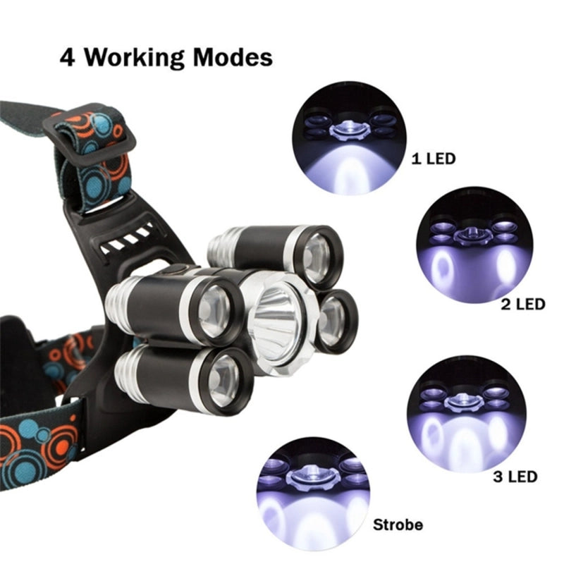 Silver 5 head Headlamp (RS37) High Power 5X Cree T6 LED Headlight Torch for Cycling