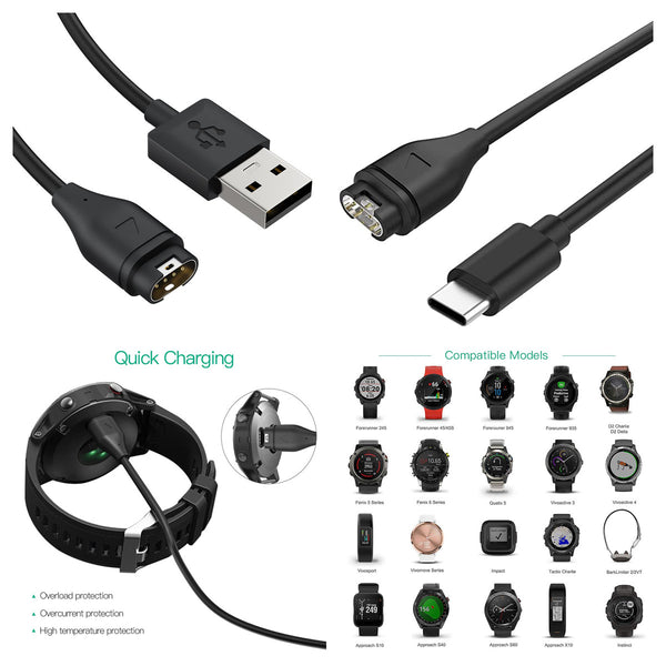 USB & Type-C Charger Cable For Garmin Fenix 7 6X 5X Pro Vivoactive Forerunner 45