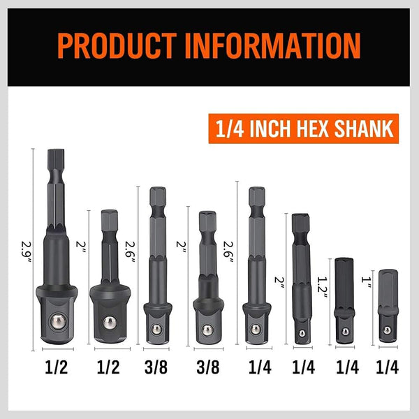 8 Pcs Drill Adapter Reducer Extension Set Hex to Socket Male For Tool