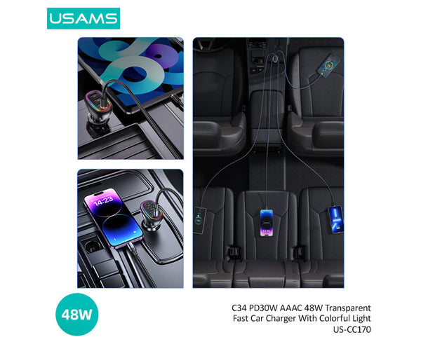 USAMS 48W Fast Car Charger 3* USB port & 1* PD Type-C Port US-CC170