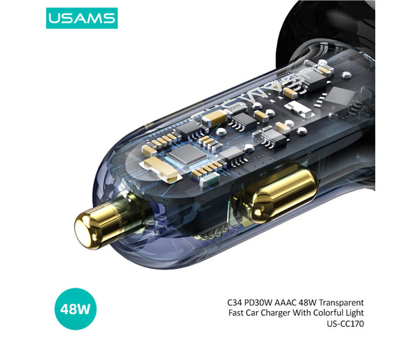 USAMS 48W Fast Car Charger 3* USB port & 1* PD Type-C Port US-CC170