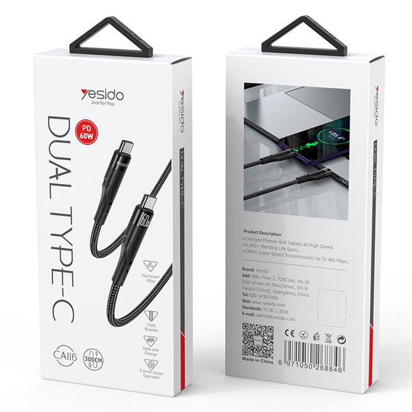 3m Yesido CA116 60W Fast Charging Cord Type C to Type C Braided Data PD Cable