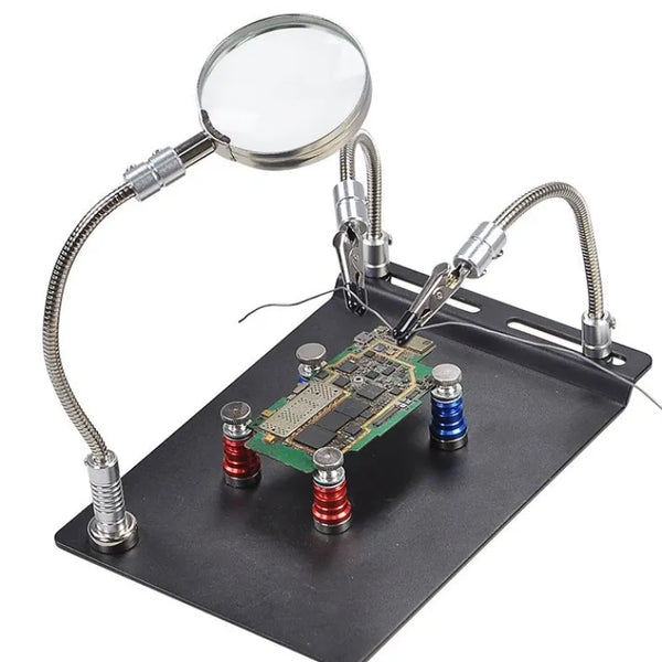 Magnetic Soldering station Circuit PCB Clamp Board Holder W/ 3x Magnifier Glasses Tools