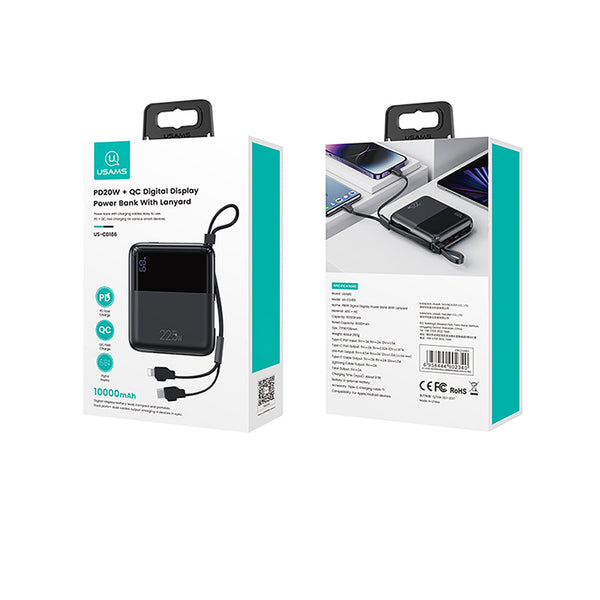 USAMS 10000mAh Power Bank W/ 2 Cable Output Quick Charging Battery For iphone& Type-C