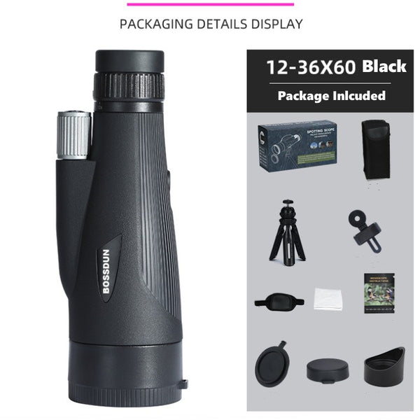 Bossdun 12-36X60 Zoom Monocular Waterproof BAK4 Scope Pocket Telescope W/ Tripod