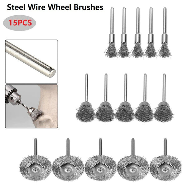15Pcs Steel Wire Brush Set (FS16) Polishing Wheel Cup Rust Rotary Tools Set