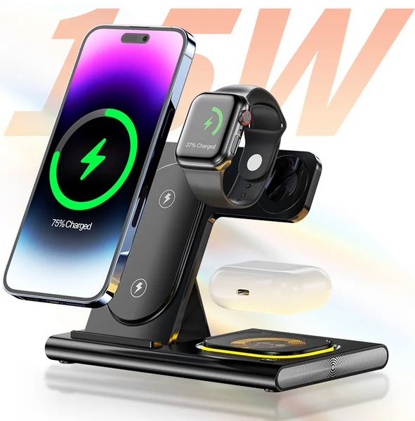 15W 4 in 1 Wireless Quick Charger Magnetic Dock For iPhone, Airpods & Apple Watch