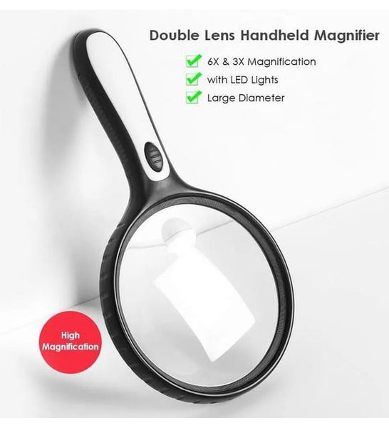 Extra Large Magnifying Glass Magnifier Handheld W/ 4 Light 3x 6x Magnification (QS101)