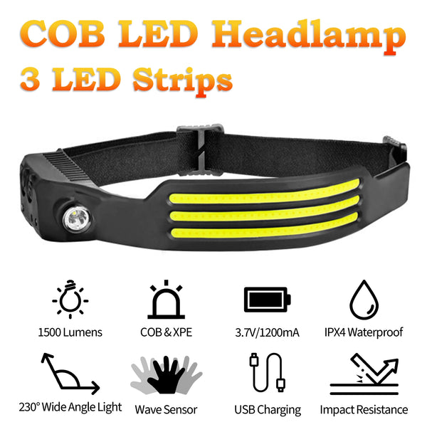 Handwave Sensor COB Headlamp (RS03) 3 Strips COB Zoom Rechargeable Head Light