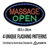 12V Oval 'Massage Open' LED Sign 68.5cm x 38cm w/ 3 Modes & Power Adapter Ready-Made LED Signs