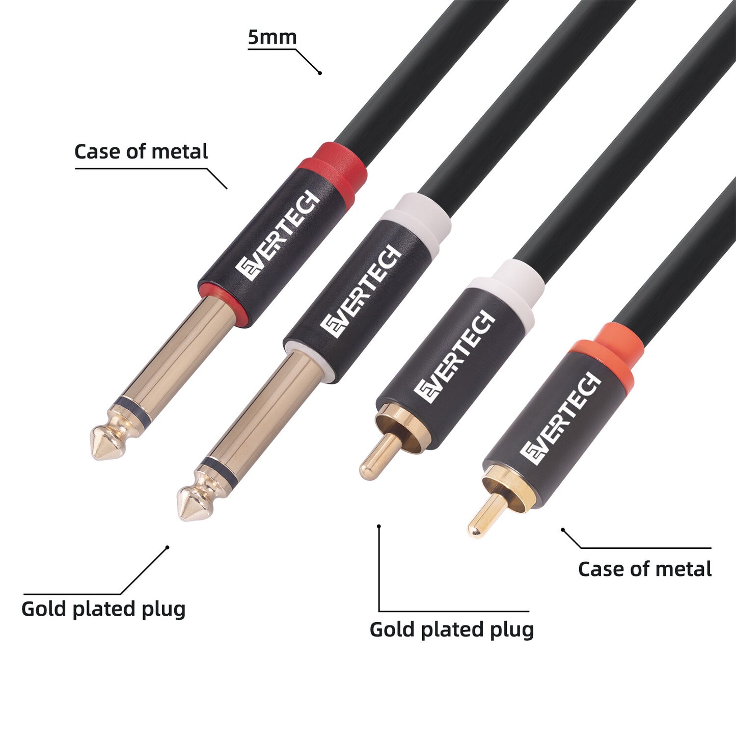 EVERTECH Dual 6.35mm 1/4 TS Mono Male to Dual 2 RCA Male Leads Audio AV Cables