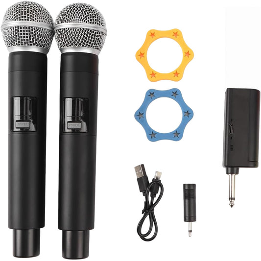 Dual Rechargeable Wireless Microphone UHF 1 for 2 Cordless Handheld W/ Receiver