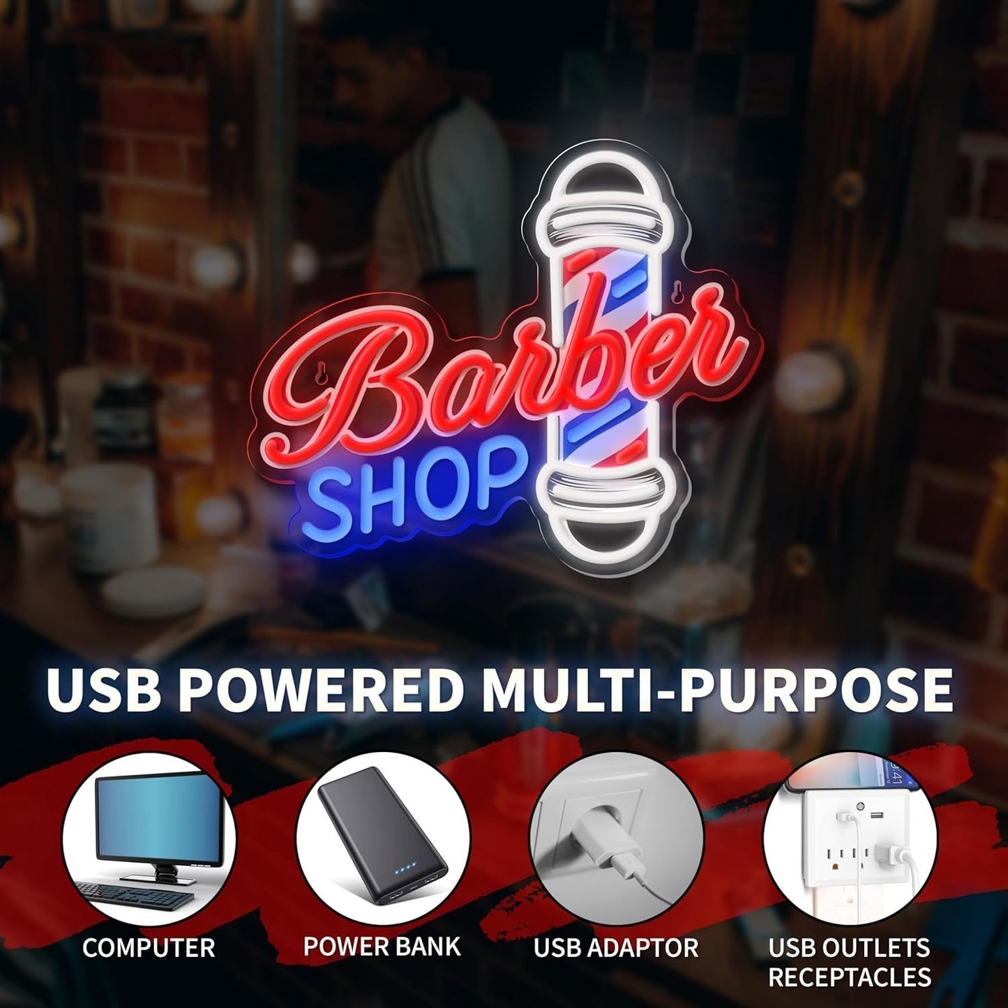 33x39cm USB Powered Barber Shop Neon Sign LED Sign for Hair Salons & Barbershop