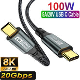 100W USB3.2 C To C Thunderbolt PD 8K Charging Video 20Gbps Cable Mobile Accessories