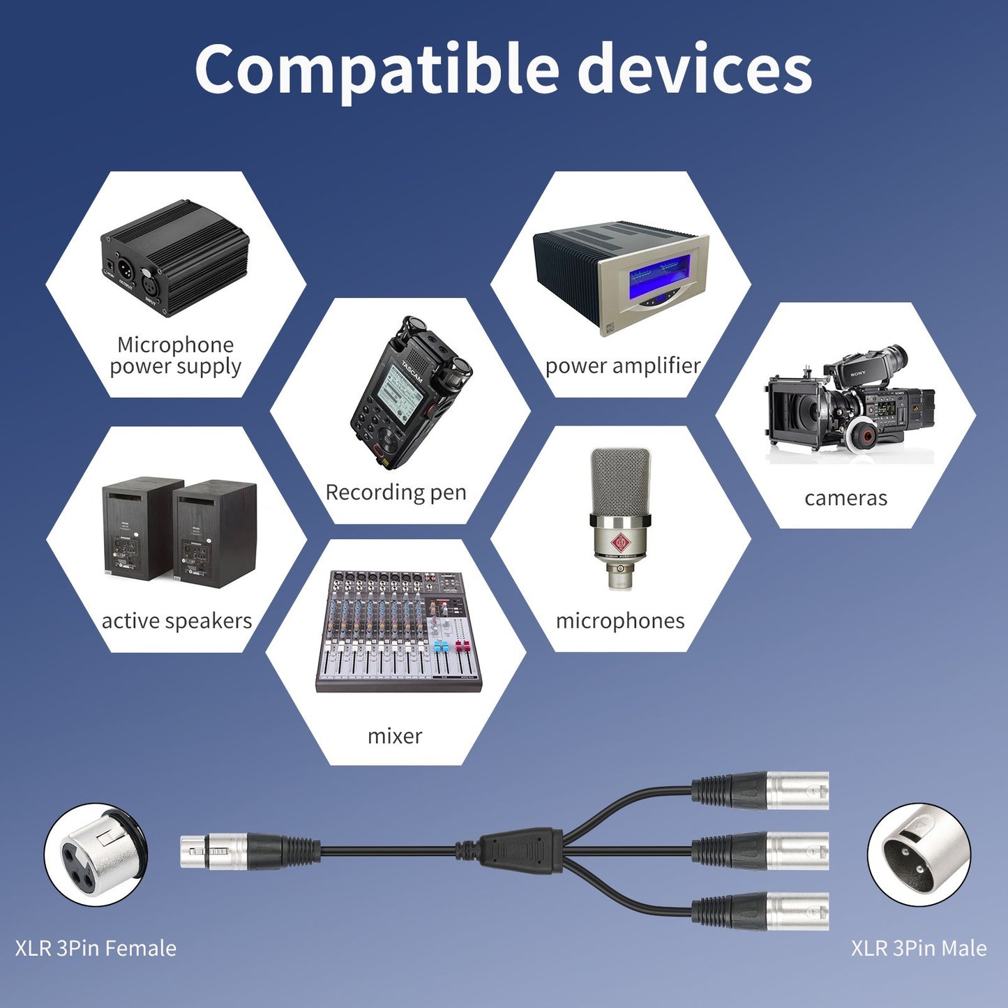 60cm XLR Splitter Cable 1 Female to 3 Male Microphone Audio Adapter Balanced