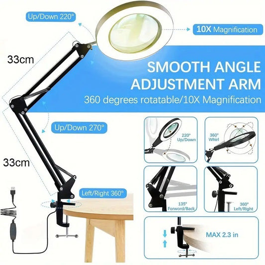 Magnifying Glass with 72 LED Light Magnifier Crafts Reading Desk Stand Lamp USB