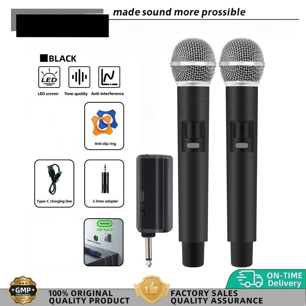 Dual Rechargeable Wireless Microphone UHF 1 for 2 Cordless Handheld W/ Receiver