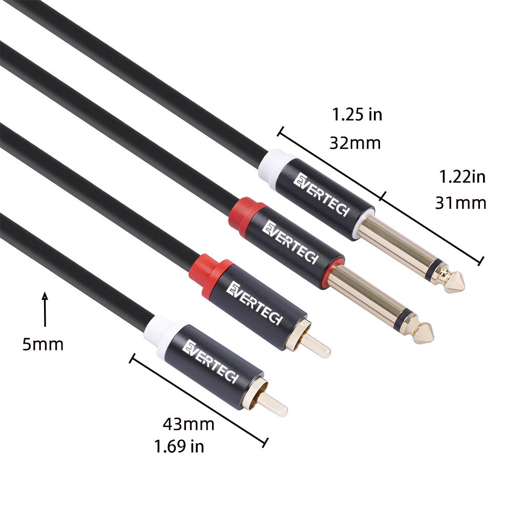 EVERTECH Dual 6.35mm 1/4 TS Mono Male to Dual 2 RCA Male Leads Audio AV Cables