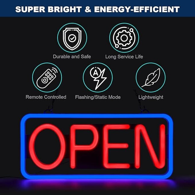 Ultra Bright LED Neon Open Sign Remote Controlled W/ 12V Adapter & Ch ...