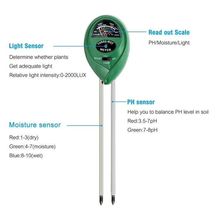 3 Way Soil pH Meter Moisture Light Tester Gardening DIY & Home Tools