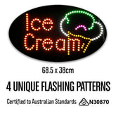 12V Oval 'Ice cream' LED Sign 68.5cm x 38cm w/ 3 Modes & Power Adapter Ready-Made LED Signs