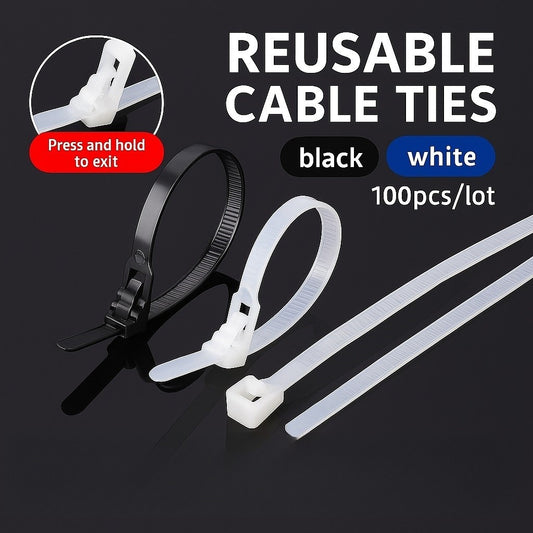 100pcs Cable Ties Zip Nylon Plastic Releasable Reusable Wraps Ratchet Wire Tie Tool