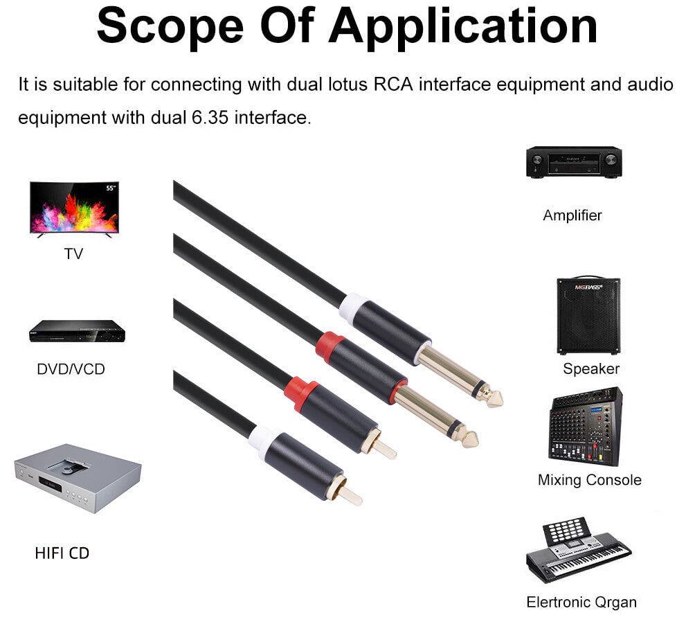 EVERTECH Dual 6.35mm 1/4 TS Mono Male to Dual 2 RCA Male Leads Audio AV Cables