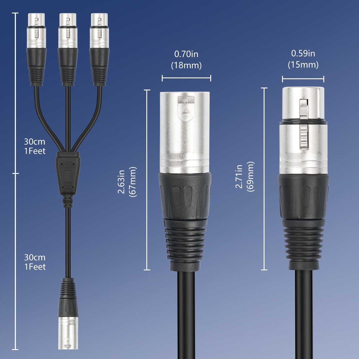 60cm XLR Splitter Cable 1 Male to 3 Female Microphone Audio Adapter Balanced