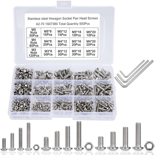 Assorted M3 M4 M5 Stainless Steel Hex Screws & Socket Bolts and Nuts 500pcs Kit Tool