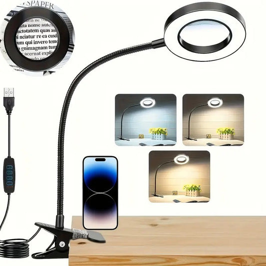 Magnifying glass with light and clip, 3 color modes, 10 adjustable brightness