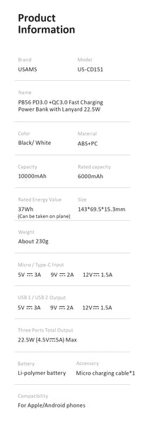 PB56 Fast Charging Power Bank with Lanyard 10000mAh