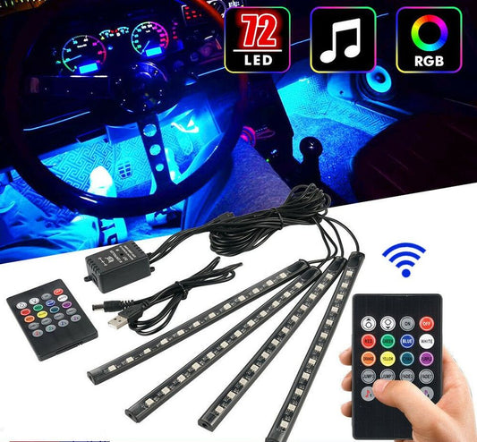 4Pcs LED Car Interior 72 LEDs RGB Strip Light USB powered