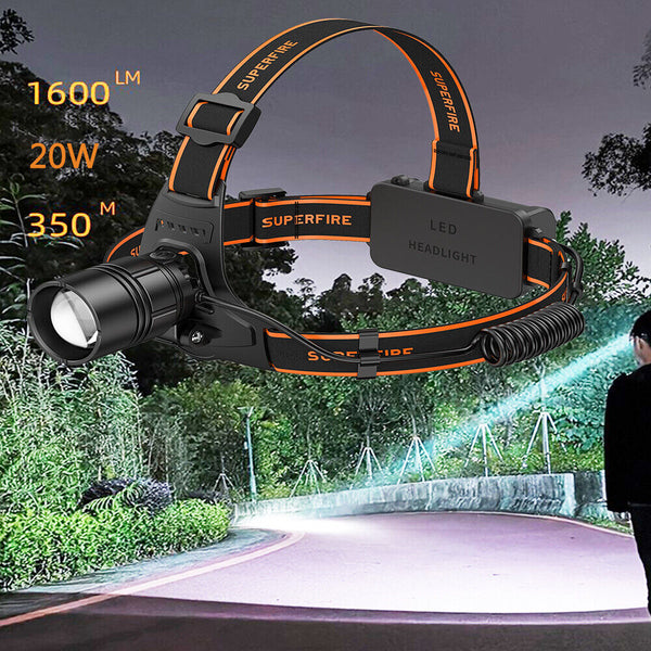 SUPERFIRE Headlamp Zoom Headlight flashlight Brightest 2X 18650 Battery 20W HL08