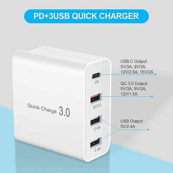 Multi-Port 48W USB-C PD QC3.0 Charger For iPhone Samsung